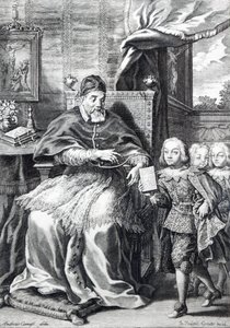 Paus Urbanus VIII met zijn neven, gegraveerd door Johann Friedrich Greuter door Andrea Camassei